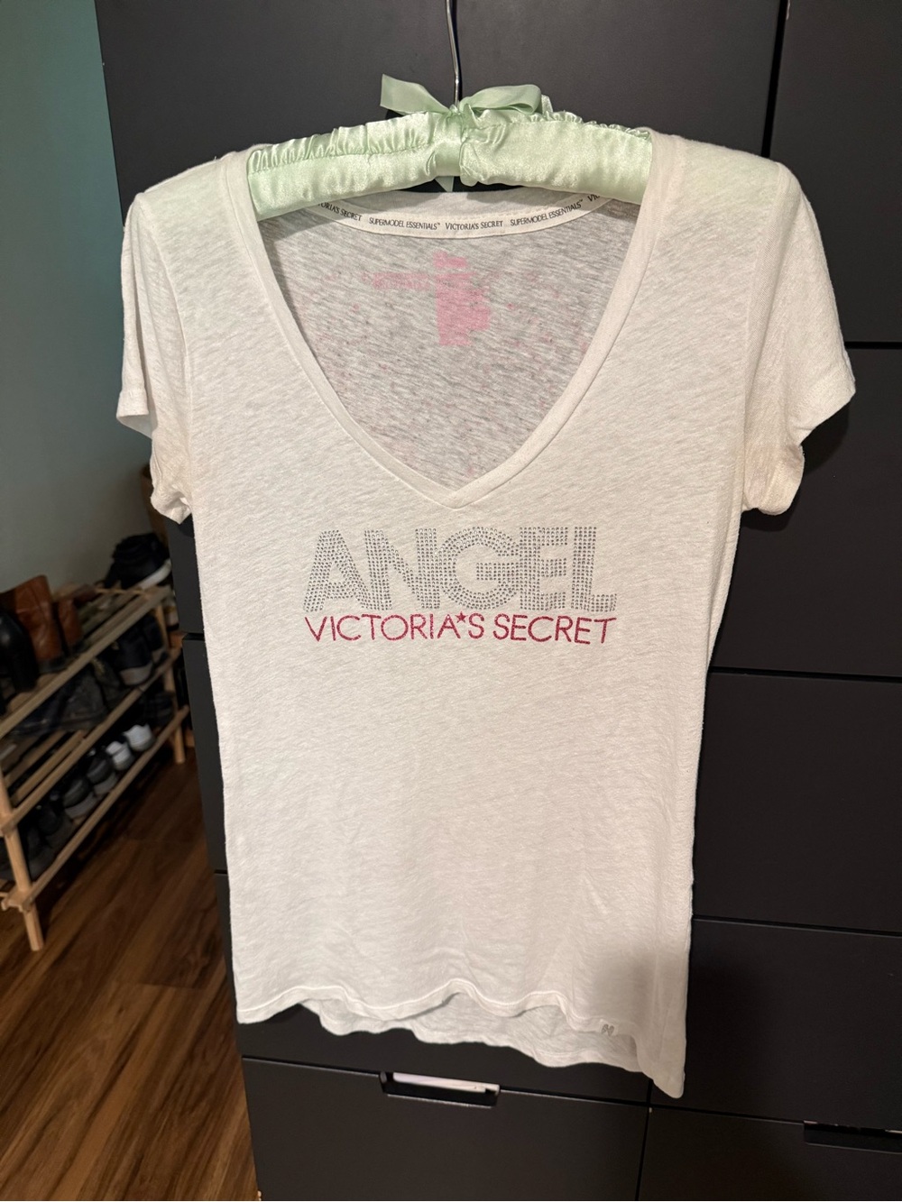 Victoria's Secret White 'ANGEL' V-Neck Tee with Pink Logo